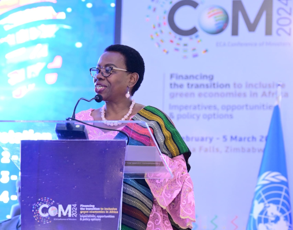 Monique Nsanzabaganwa, the Deputy Chairperson for the African Union Commission, addressing the 56th Session of the Conference of Ministers of Finance, Planning and Economic Development opening held in Victoria Falls, Zimbabwe, on March 4.COURTESY