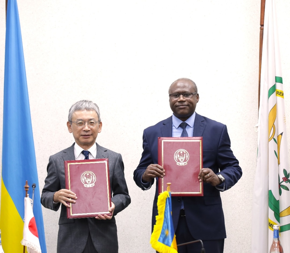 Minister of Finance and Economic Planning, Uzziel Ndagijimana, and Ambassador of Japan to Rwanda, Isao Fukushima during the signing ceremony in Kigali on Tuesday, March 5.