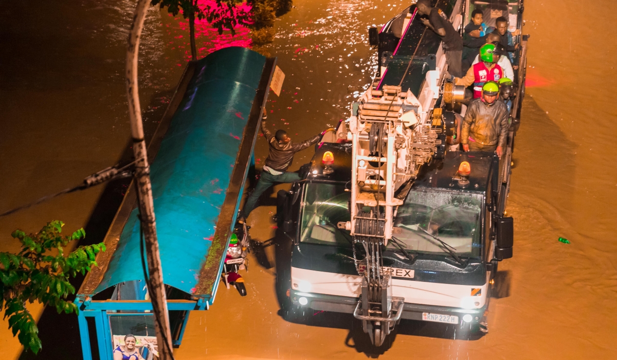 Rwanda National Police Fire and Rescue Brigade during the rescue activities of people  stranded at an overflooded highway in Kigali on February 2, 2020. File
