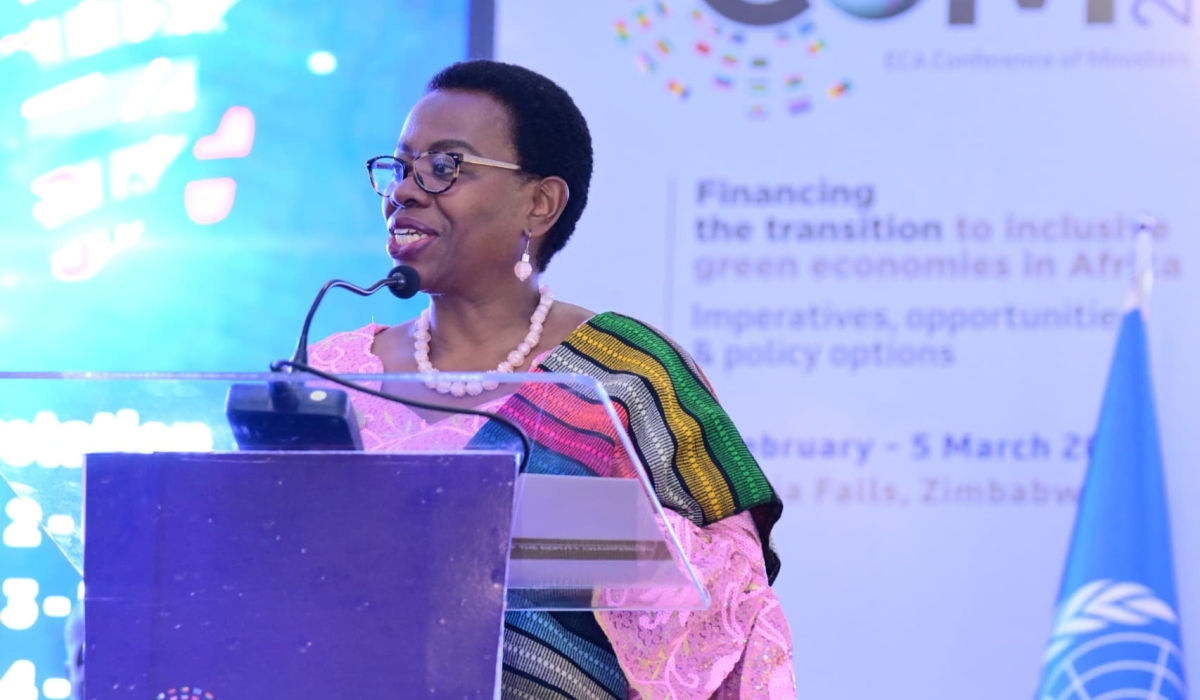 Monique Nsanzabaganwa, the Deputy Chairperson for the African Union Commission, addressing the 56th Session of the Conference of Ministers of Finance, Planning and Economic Development opening held in Victoria Falls, Zimbabwe, on March 4.COURTESY