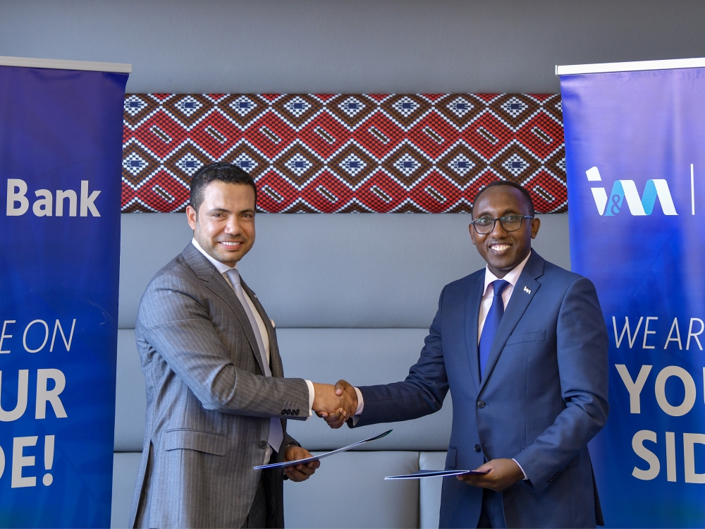 Reda Helal, the Group Managing Director – Processing, Africa and Co-Head Group Processing at Network International (left) and Benjamin Mutimura, the CEO of I&M Bank (Rwanda) during the signing ceremony of the MoU in Kigali on Tuesday, March 5