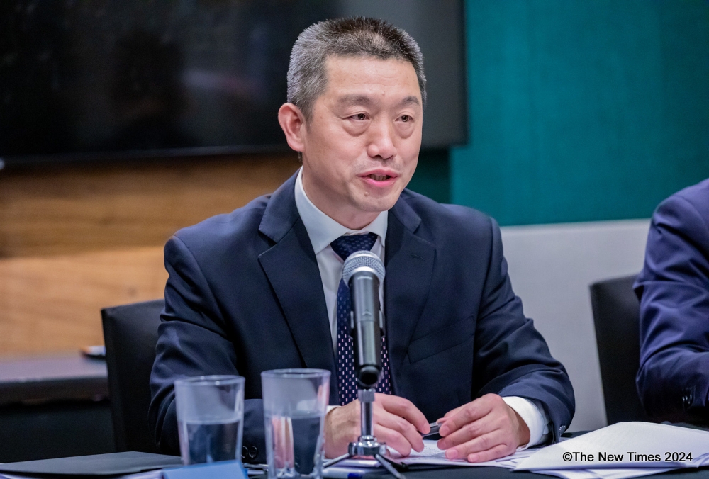 Amb Wang Xuekun, the Chinese envoy to Rwanda, speaking at a press conference in Kigali on Tuesday, February 5. He spoke about the never-ending conflict in eastern DR Congo, pointing out that his country supports the Nairobi and Luanda peace processes. PHOTOS BY CRAISH BAHIZI