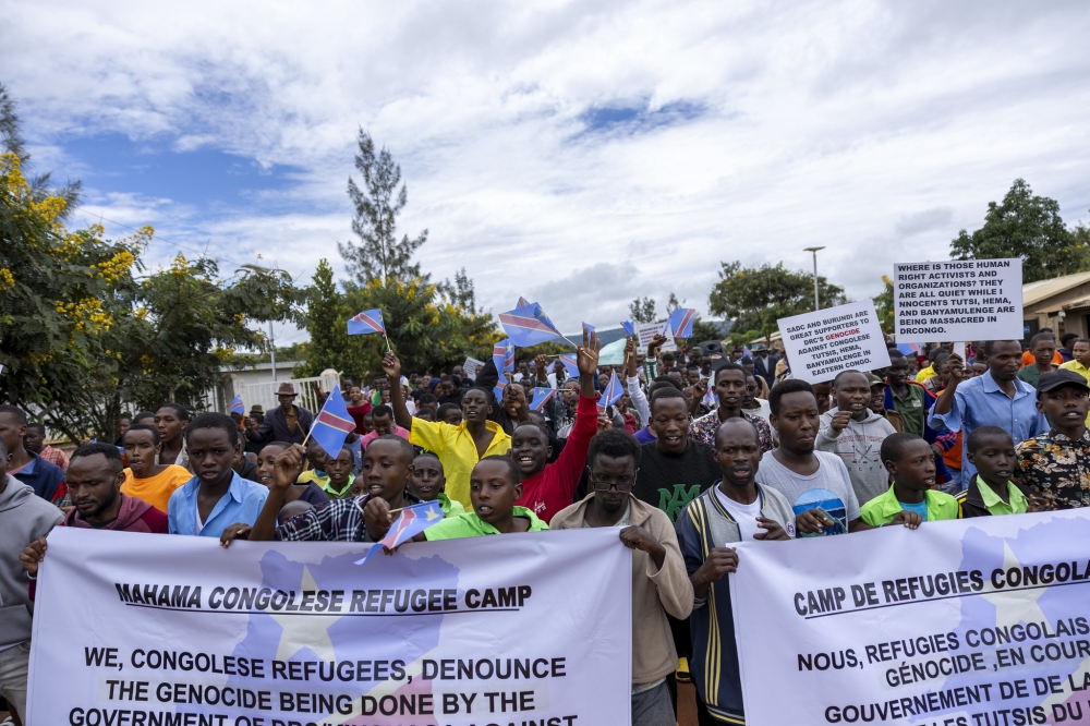 Congolese refugees in a protest march calling for an end to violence against Banyamulenge, Hema, and Tutsi communities on Wednesday, March 6 at Mahama refugee camp in Kirehe.