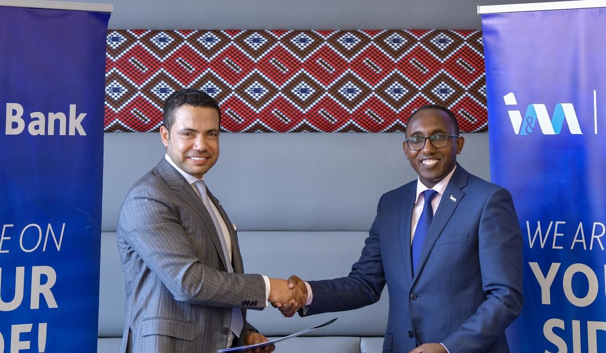 Reda Helal, the Group Managing Director – Processing, Africa and Co-Head Group Processing at Network International (left) and Benjamin Mutimura, the CEO of I&M Bank (Rwanda) during the signing ceremony of the MoU in Kigali on Tuesday, March 5
