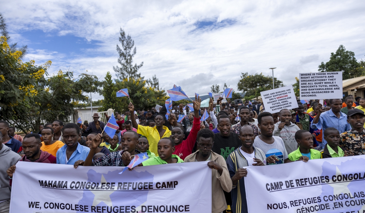 Congolese refugees in a protest march calling for an end to violence against Banyamulenge, Hema, and Tutsi communities on Wednesday, March 6 at Mahama refugee camp in Kirehe.