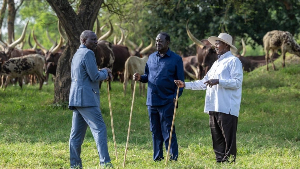 L-R- Kenya&#039;s President William Ruto, opposition leader Raila Odinga and Uganda&#039;s President Yoweri Museveni at Kisozi, Uganda on February 26, 2024. PHOTO _ POOL