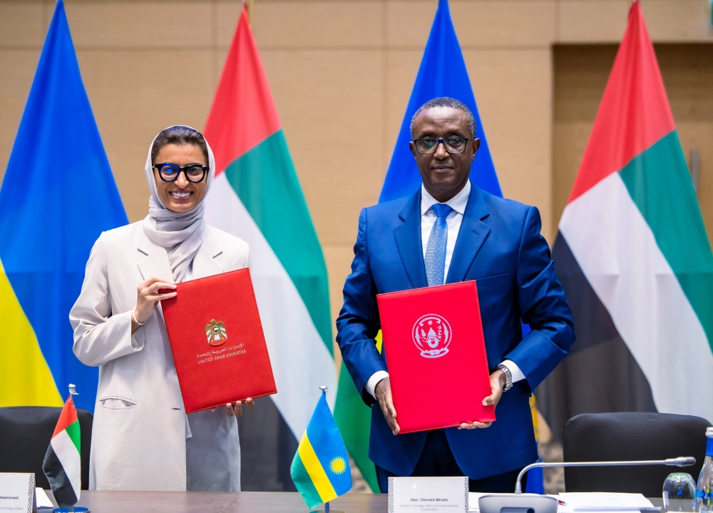 Minister of  Foreign Affairs Dr Vincent Biruta and his counterpart Noura bint Mohammed Al Kaabi during the signing ceremony on Thursday, March 7. The deal was signed in Kigali during the first Session of the Joint Committee for Cooperation between Rwanda and the United Arab Emirates. Courtesy