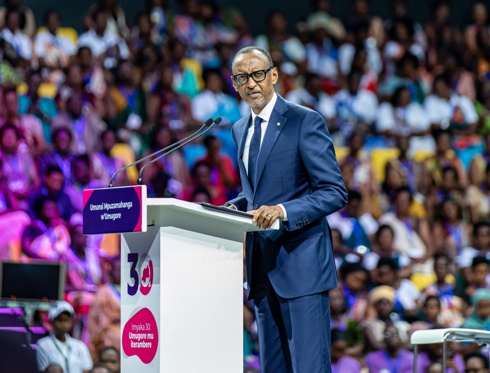 President Paul Kagame delivers his remarks during the national celebration of International Women’s Day on Friday, March 8. Photo by Dan Gatsinzi