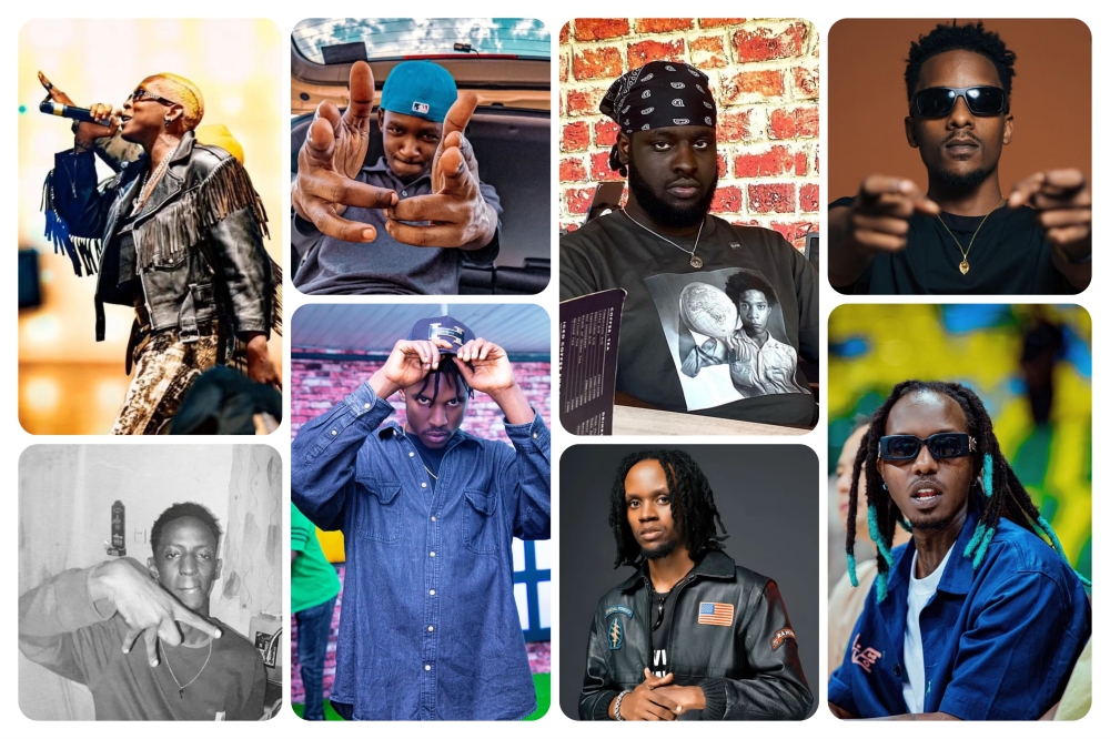 (L-R) Bushali, AY, Manzi Fleur, Kenny K-Shot, B-Threy, Zeo Trap, Ish Kevin and Skid are some of the Rwandan rappers affiliated with collectives pushing the genre forward.