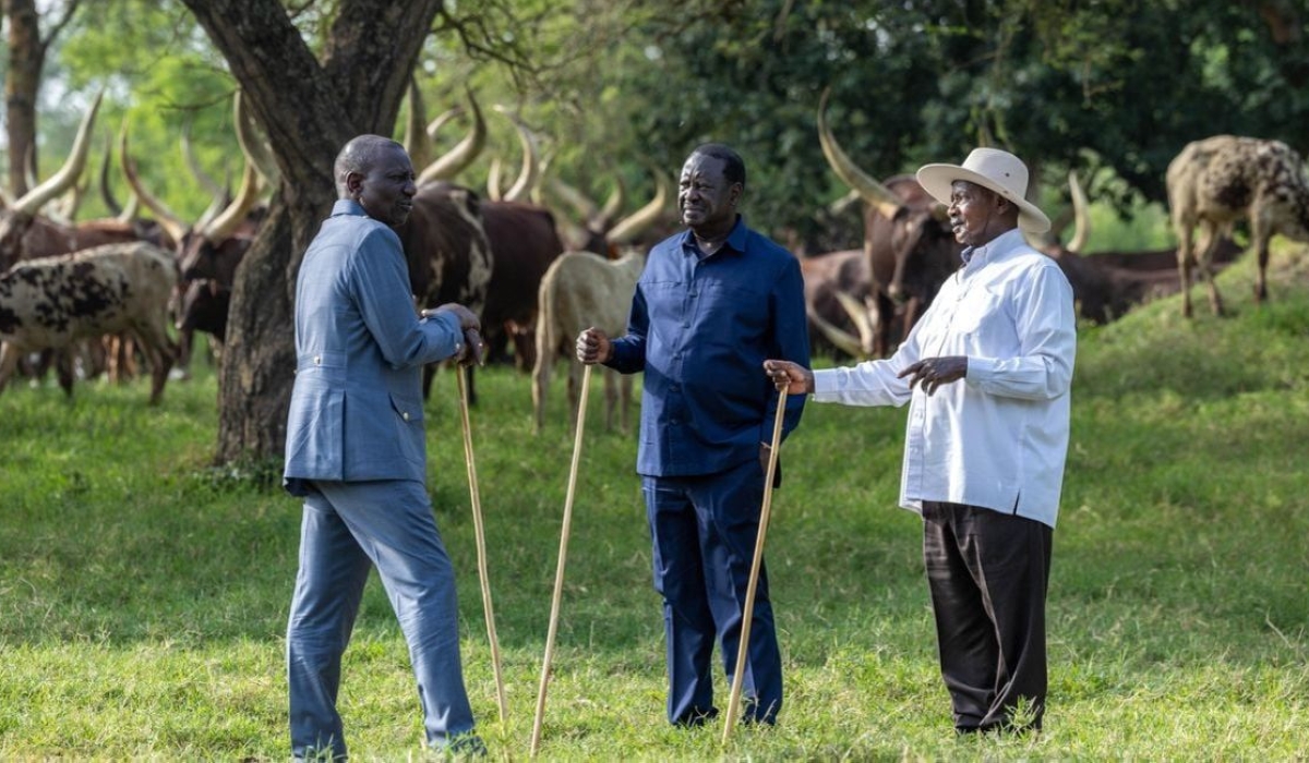 L-R- Kenya&#039;s President William Ruto, opposition leader Raila Odinga and Uganda&#039;s President Yoweri Museveni at Kisozi, Uganda on February 26, 2024. PHOTO _ POOL