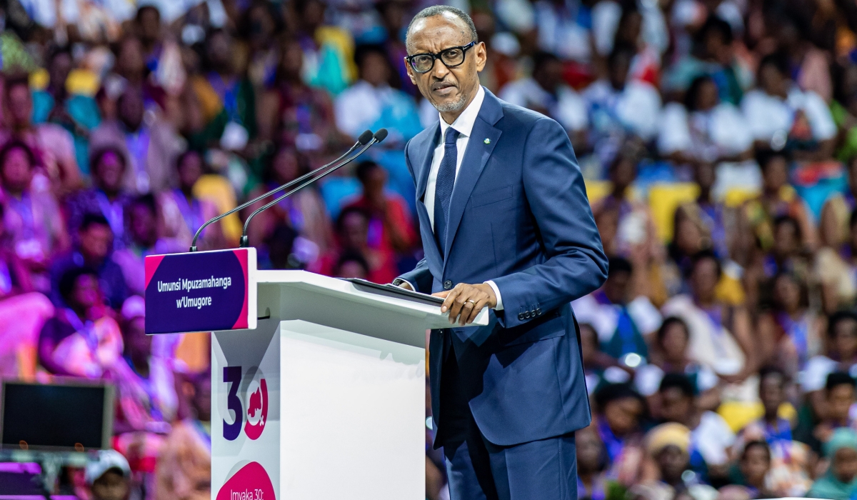 President Paul Kagame delivers his remarks during the national celebration of International Women’s Day on Friday, March 8. Photo by Dan Gatsinzi