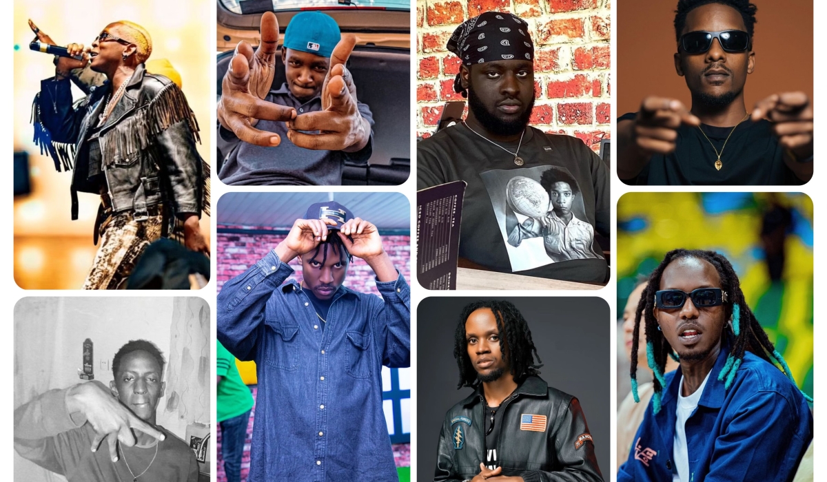 (L-R) Bushali, AY, Manzi Fleur, Kenny K-Shot, B-Threy, Zeo Trap, Ish Kevin and Skid are some of the Rwandan rappers affiliated with collectives pushing the genre forward.