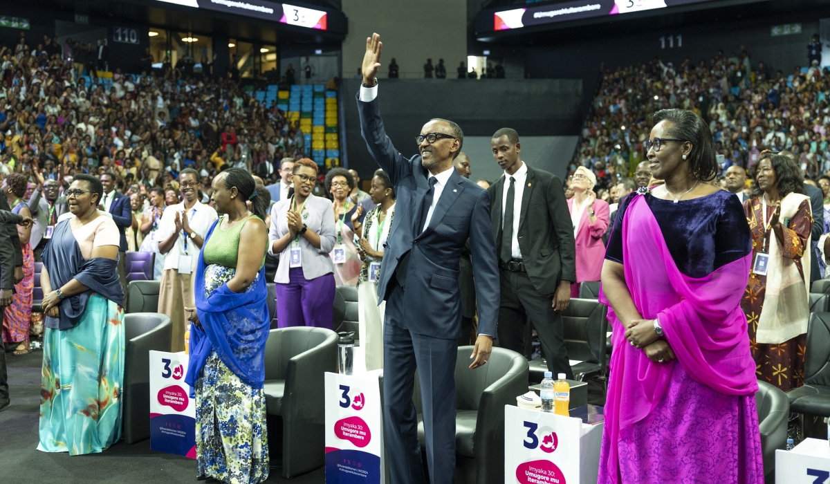 President Paul Kagame greets thousands of women during the celebration of the International Women&#039;s Day at BK Arena on Friday, March 8. Photo by Village Urugwiro