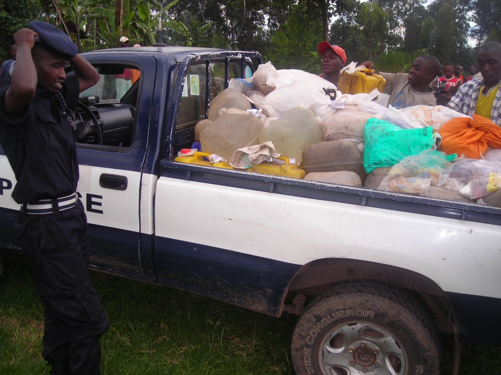 Some impounded illicit alcohol in Burera. Police revealed that there is a decline in Kanyanga trafficking and abuse, referring to illicit alcohol smuggled from Uganda. File