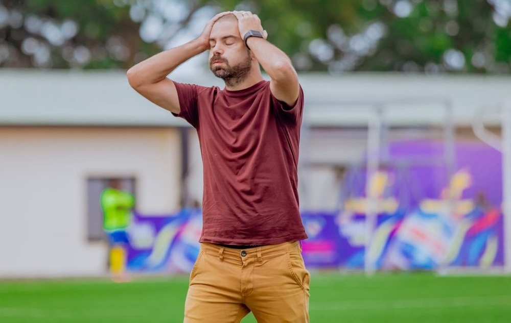Rayon Sports head coach Julien Mette looks disappointed following Saturday’s shock derby loss to arch rivals APR FC. Inyarwanda