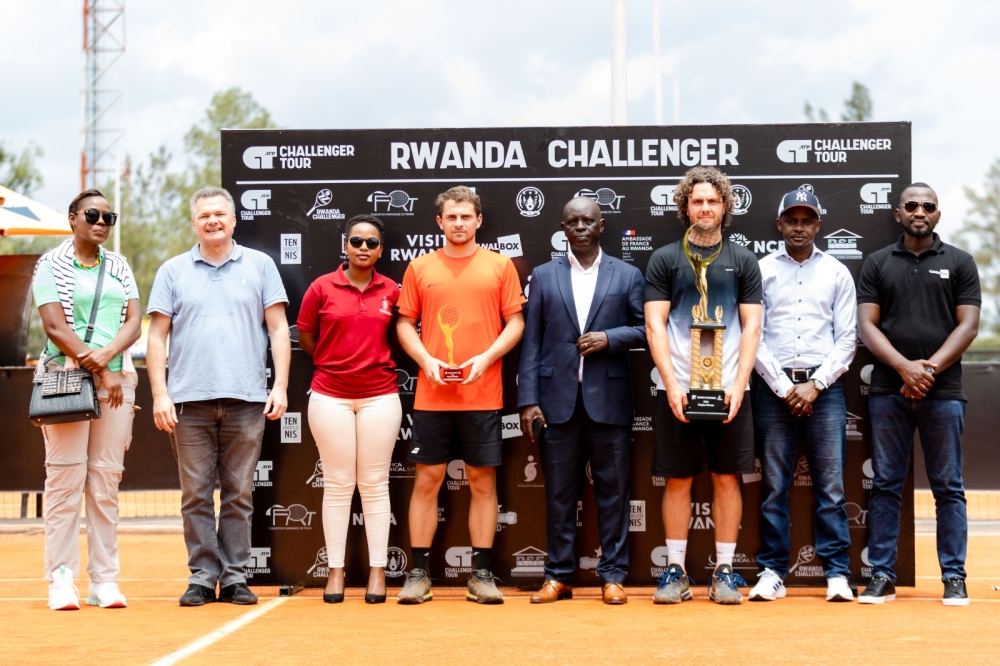Rwanda Challenger week 2 winner Trungelliti (third from right) and runner-up Tabur (fourth from left) pose for a photo with various officials during the post-match awarding ceremony on Sunday