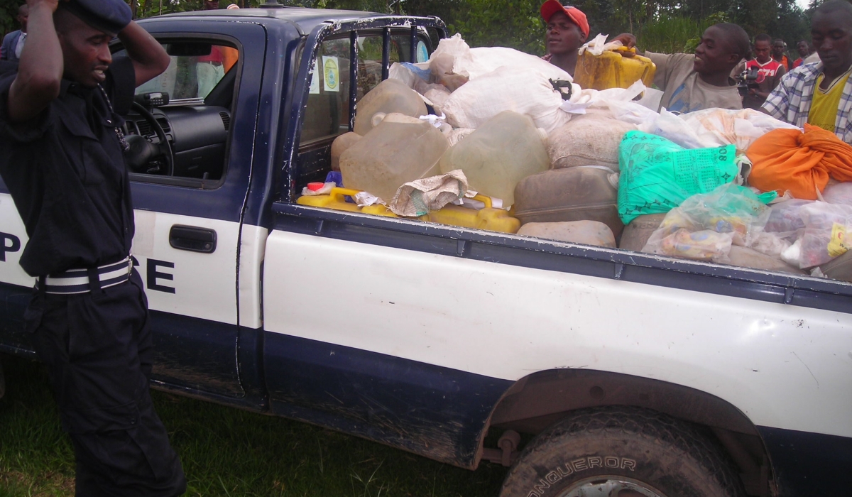 Some impounded illicit alcohol in Burera. Police revealed that there is a decline in Kanyanga trafficking and abuse, referring to illicit alcohol smuggled from Uganda. File