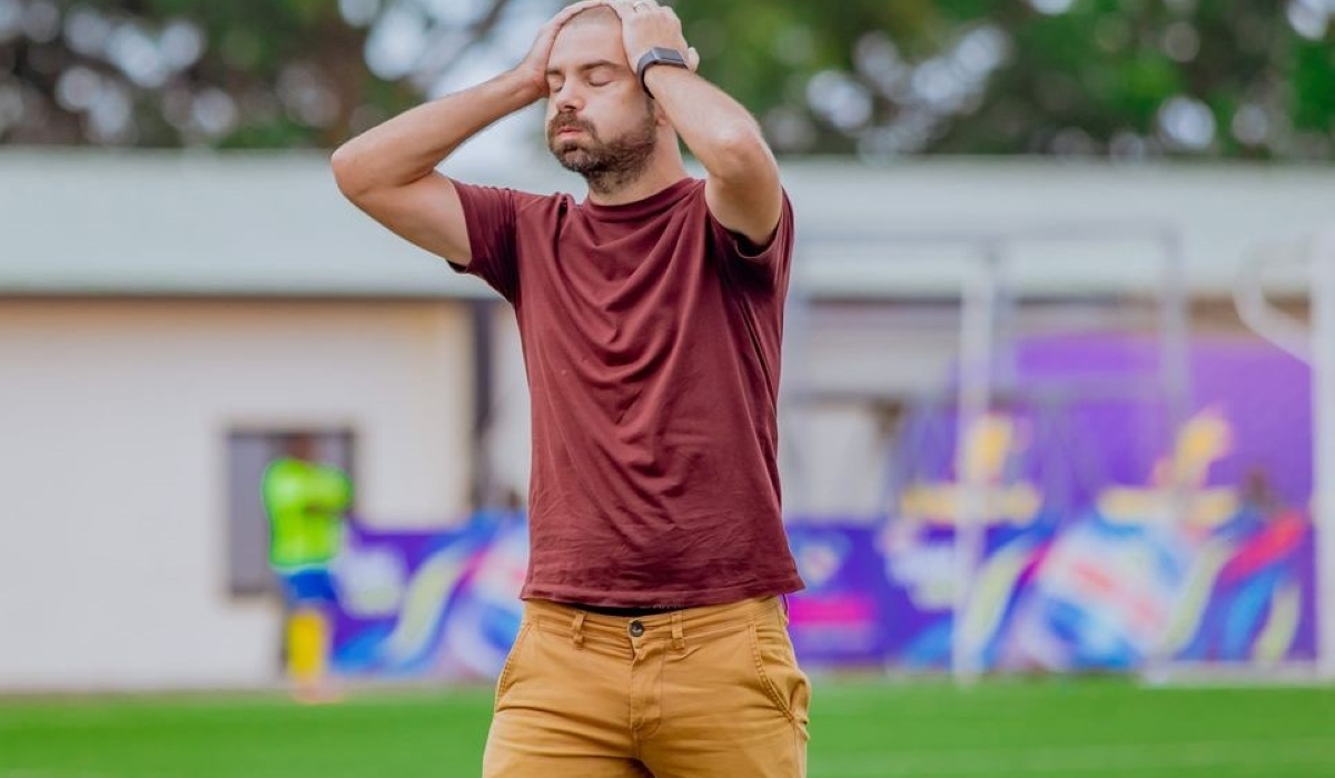 Rayon Sports head coach Julien Mette looks disappointed following Saturday’s shock derby loss to arch rivals APR FC. Inyarwanda
