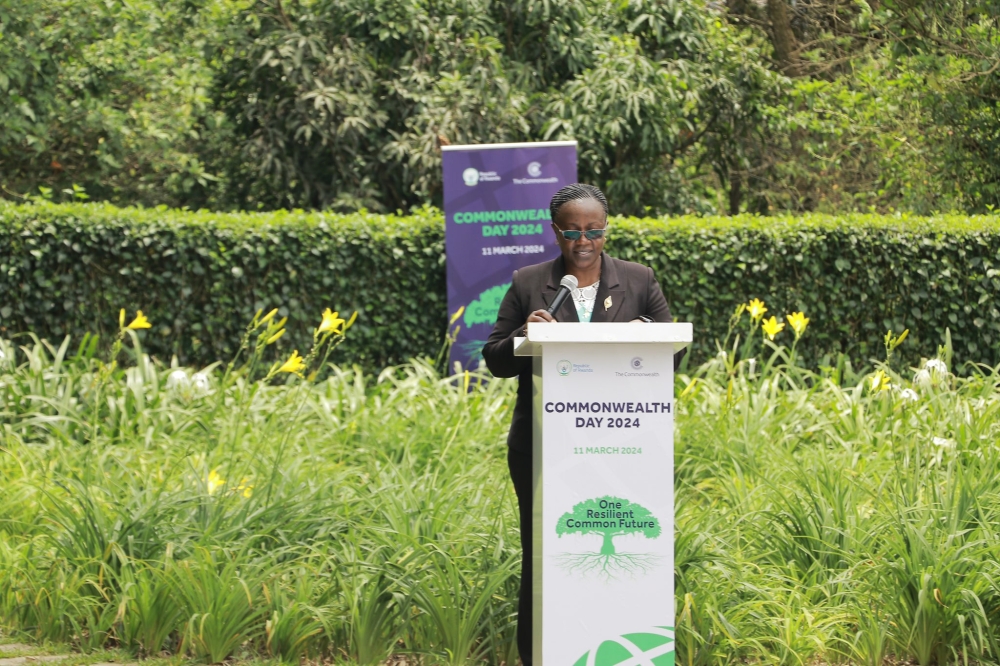 Minister of Environment, Jeanne d’Arc Mujawamariya delivers remarks during the  the Commonwealth Day event at Nyandungu Urban Wetland Eco-tourism Park. Courtesy