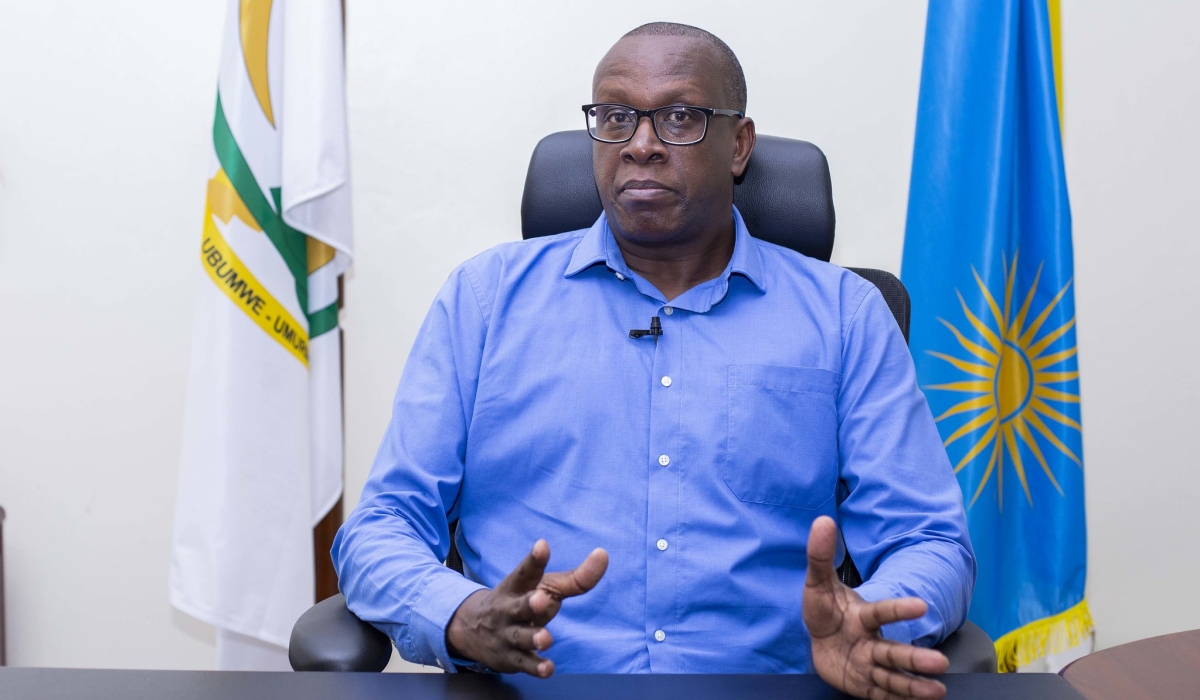 Jean-Damascene Bizimana, the Minister for National Unity and Civic Engagement speaks to journalists. File