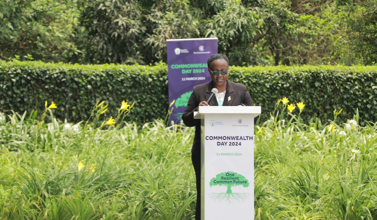 Minister of Environment, Jeanne d’Arc Mujawamariya delivers remarks during the  the Commonwealth Day event at Nyandungu Urban Wetland Eco-tourism Park. Courtesy