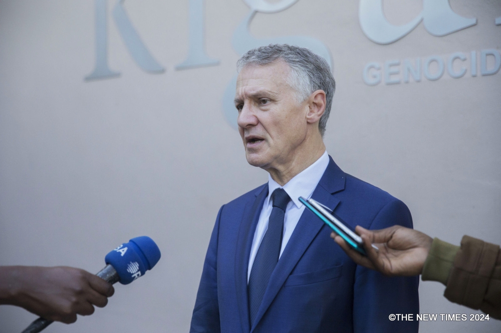 The Head of French National Anti-Terrorism Prosecution Office Jean-François Ricard speaks to journalists  during his visit at Kigali Genocide Memorial in Kigali on Monday, March 11. Photo by Chelsea Nkubito