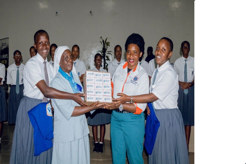 Mount Kigali University donated personal hygiene products to FAWE Girls’ School in Gisozi, Kigali for the celebration of International Women&#039;s Day. File