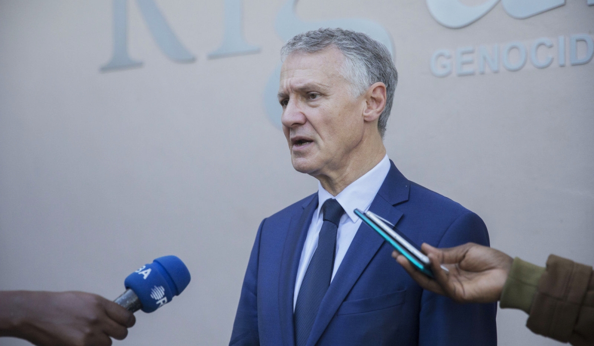 The Head of French National Anti-Terrorism Prosecution Office Jean-François Ricard speaks to journalists  during his visit at Kigali Genocide Memorial in Kigali on Monday, March 11. Photo by Chelsea Nkubito
