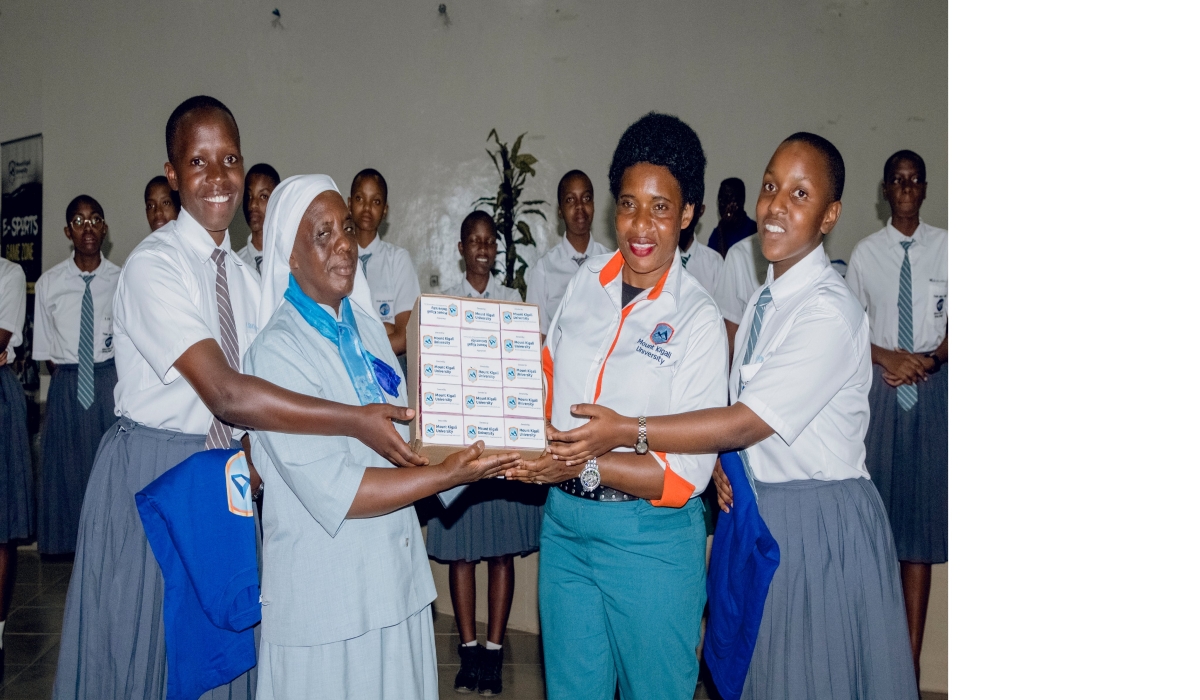 Mount Kigali University donated personal hygiene products to FAWE Girls’ School in Gisozi, Kigali for the celebration of International Women&#039;s Day. File