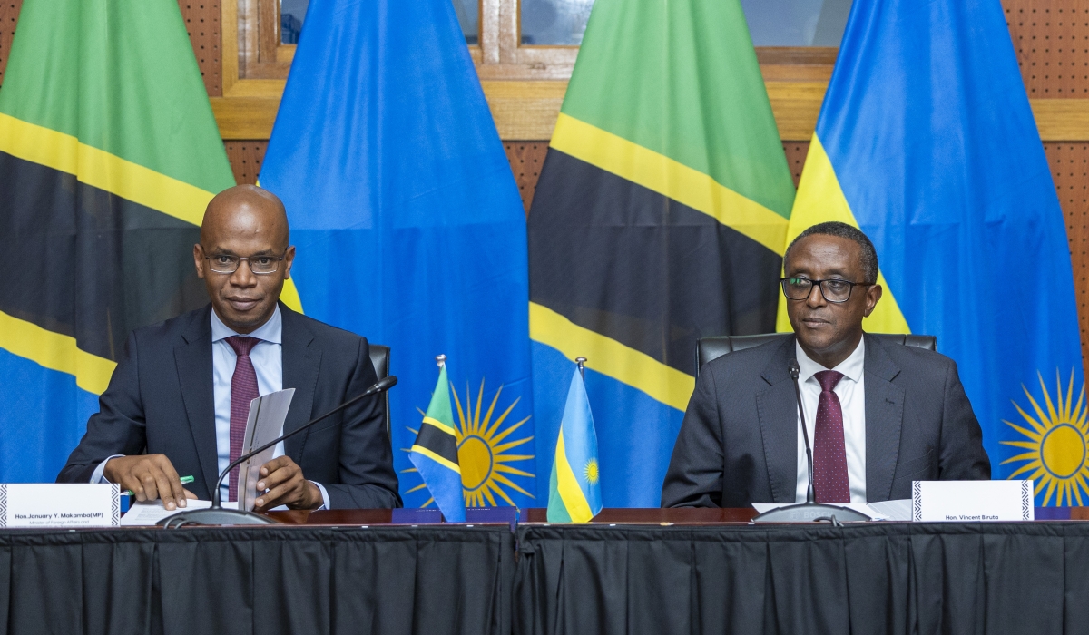 Minister of Foreign Affairs and International Cooperation, Vincent Biruta, and his Tanzanian counterpart, January Makamba,during a joint press conference in Kigali on March 12.Courtesy