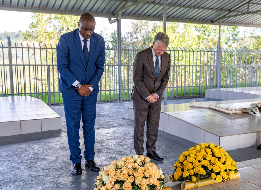 Jean-François Ricard, the Head of the French National Anti-Terrorism Prosecution Office and Aimable Havugiyaremye, the Prosecutor General of the National Public Prosecution Authority (NPPA) pay tribute to victims of the Genocide against the Tutsi at Murambi Genocide Memorial in Nyamagabe on Tuesday, March 12. All photos by Craish Bahizi 