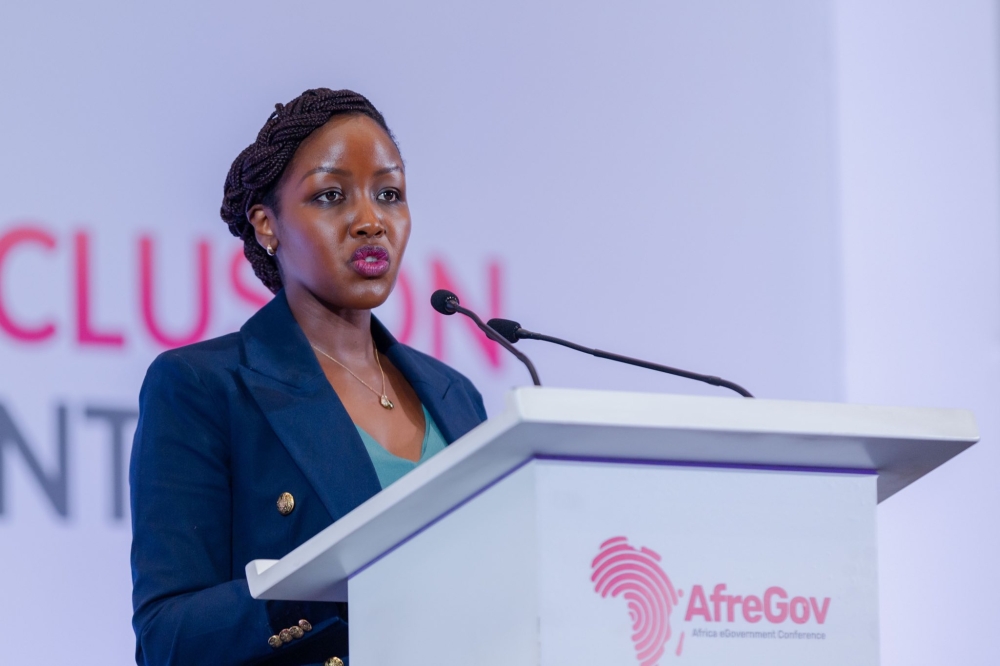 The Minister of ICT and Innovation, Paula Ingabire delivers remarks   during the Africa e-Governance Conference on March 12 at the Kigali Convention Centre. Courtesy