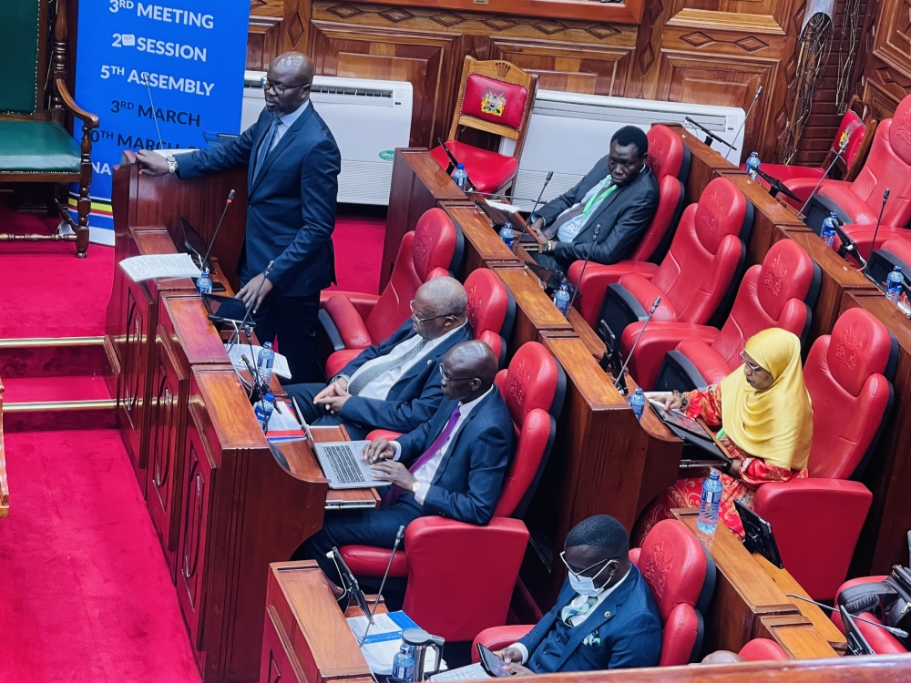 MP George Stephen Odongo (standing) moves a motion of the Assembly urging the Council of EAC Ministers and partner states to fast-track the harmonisation of tax policies, on March 13, 2024, in Nairobi (Emmanuel Ntirenganya)
