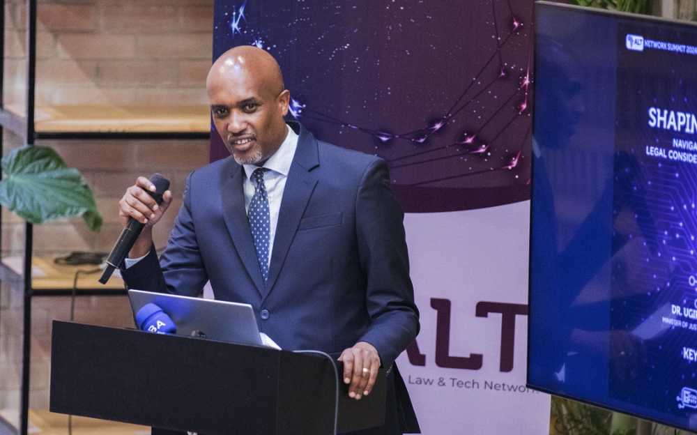 Emmanuel Ugirashebuja, the Minister of Justice addresses delegates at the African Law and Tech Network Summit 2024, at Norrsken House, Kigali, on Wednesday, March 13. PHOTOS BY CRAISH BAHIZI.