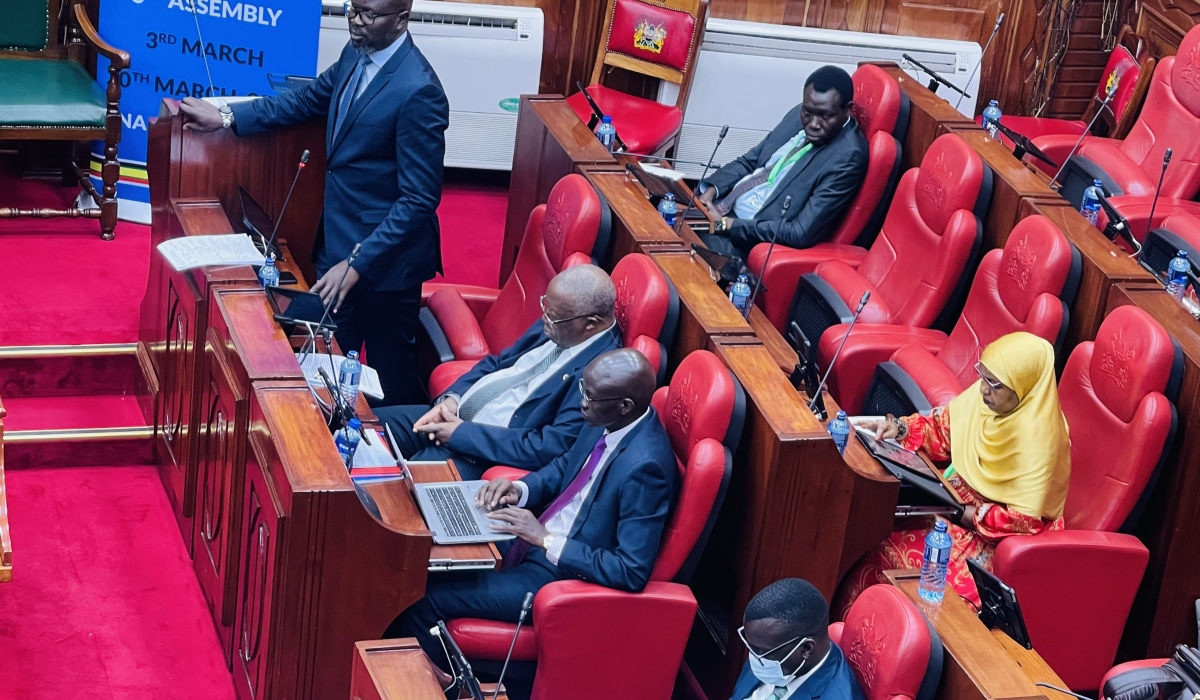 MP George Stephen Odongo (standing) moves a motion of the Assembly urging the Council of EAC Ministers and partner states to fast-track the harmonisation of tax policies, on March 13, 2024, in Nairobi (Emmanuel Ntirenganya)