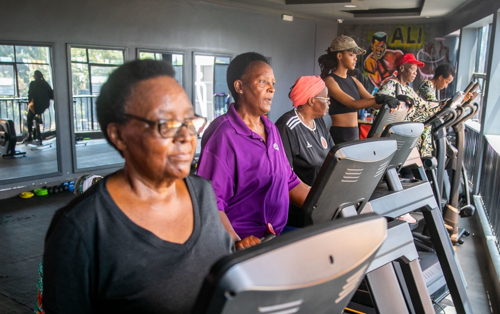 Some old women during a mass sport at Grandama&#039;s club gym in Kigali. Staying healthy and feeling your best is important at any age. Photo by Olivier Mugwiza