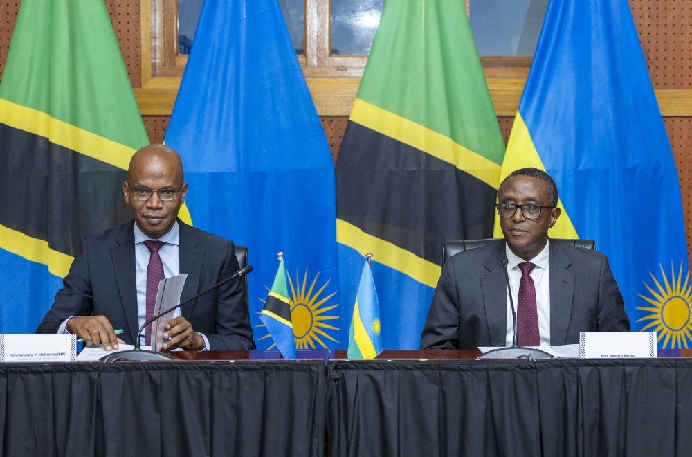 Minister of Foreign Affairs and International Cooperation, Dr Vincent Biruta, and his Tanzanian counterpart, January Makamba, during a joint press conference in Kigali on March 12. COURTESY