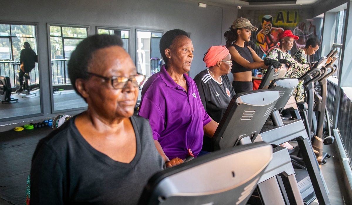 Some old women during a mass sport at Grandama&#039;s club gym in Kigali. Staying healthy and feeling your best is important at any age. Photo by Olivier Mugwiza