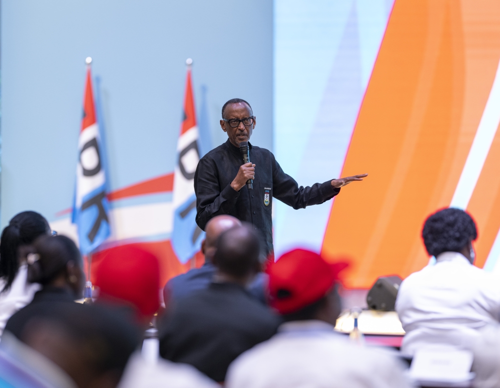 Kagame delivers his speech on Sunday, March 10, at the RPF-Inkotanyi headquarters in Rusororo after he was overwhelmingly elected by RPF&#039;s extraordinary congress to be the party&#039;s flagbearer in the presidential elections slated for July 15.  PHOTO BY VILLAGE URUGWIRO
