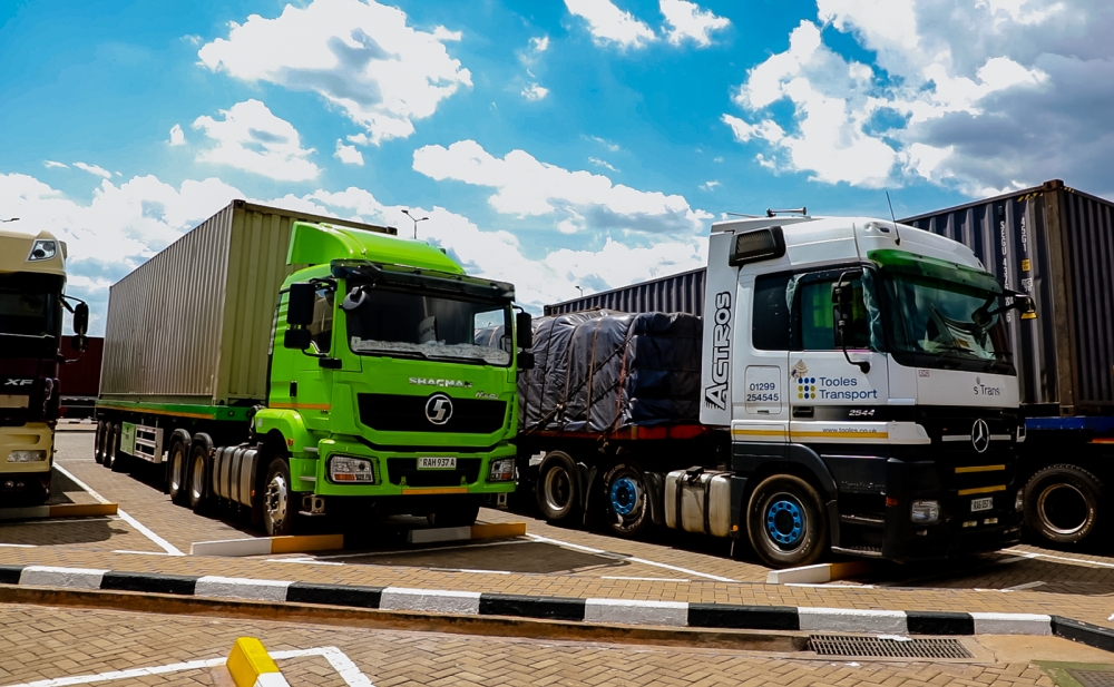 Trucks carrying low-quality rice that was confiscated by the Rwanda Revenue Authority park at Dubai Ports World Rwanda in Kigali.