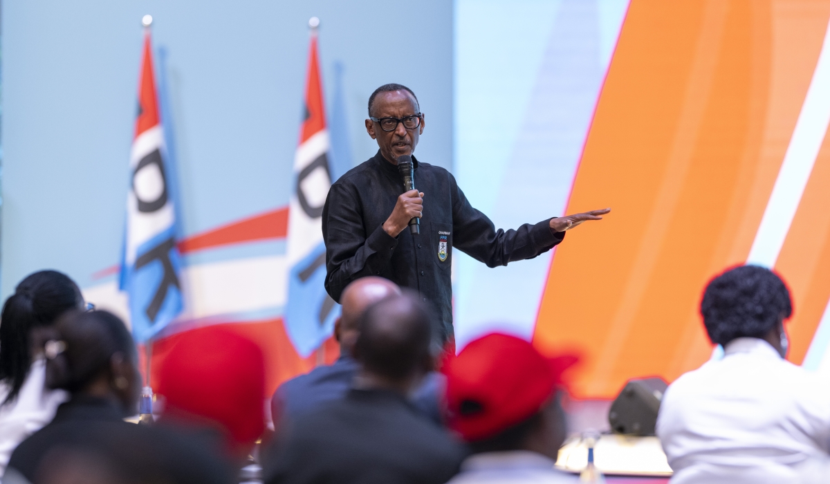 Kagame delivers his speech on Sunday, March 10, at the RPF-Inkotanyi headquarters in Rusororo after he was overwhelmingly elected by RPF&#039;s extraordinary congress to be the party&#039;s flagbearer in the presidential elections slated for July 15.  PHOTO BY VILLAGE URUGWIRO