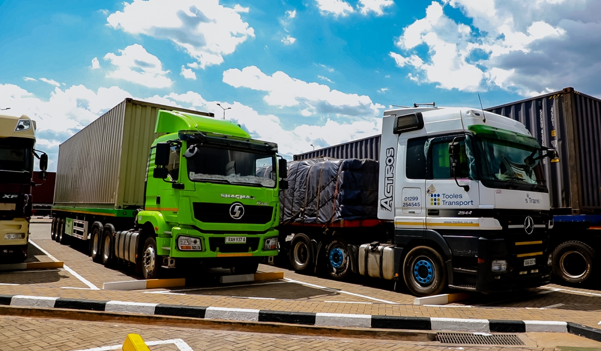 Trucks carrying low-quality rice that was confiscated by the Rwanda Revenue Authority park at Dubai Ports World Rwanda in Kigali.