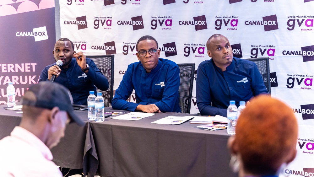 Yves Gashema, Commercial Director of GVA Rwanda, Aime Abizera, CEO of GVA Rwanda (C), and David Serugero, Customer Experience. CEO Abizera explained the rationale behind launching the promotional campaign at this time during a press conference held on March 14. Photos by Craish Bahizi