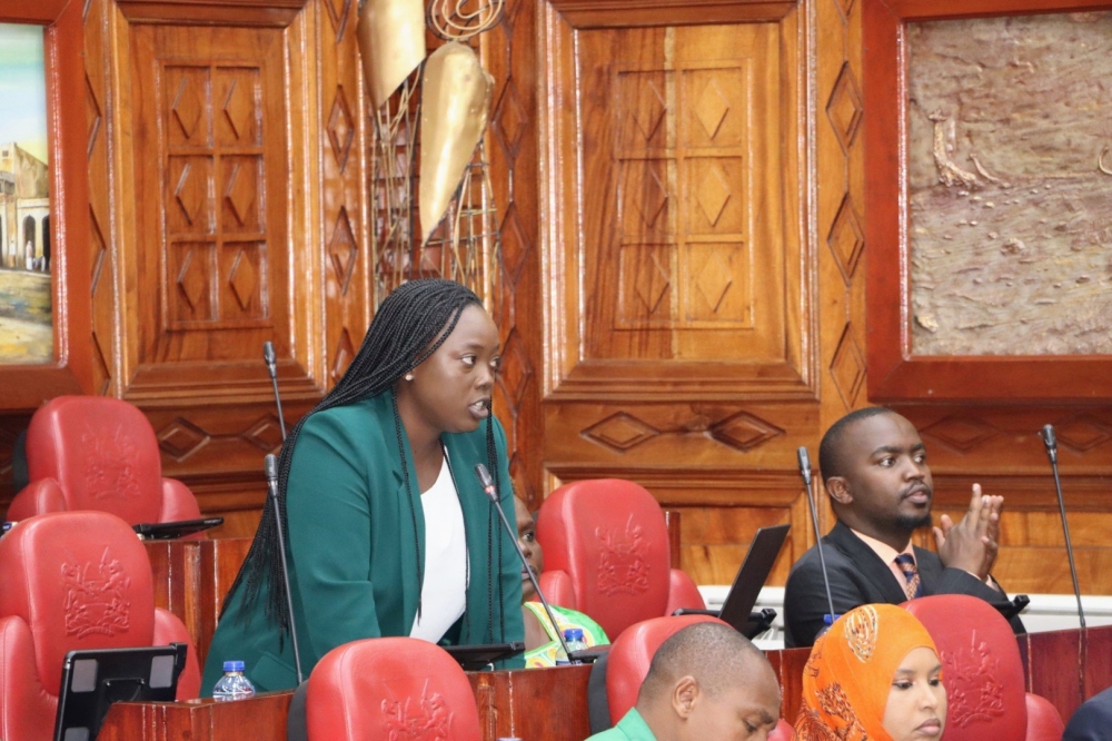 MP Alodie Iradukunda (standing) moves the motion for the recognition of EALA Youth Caucus as a forum for members of the assembly to promote the full participation of youth in programmes and activities of the East African Community, on March 13, 2024, in Nairobi, Kenya (courtesy).