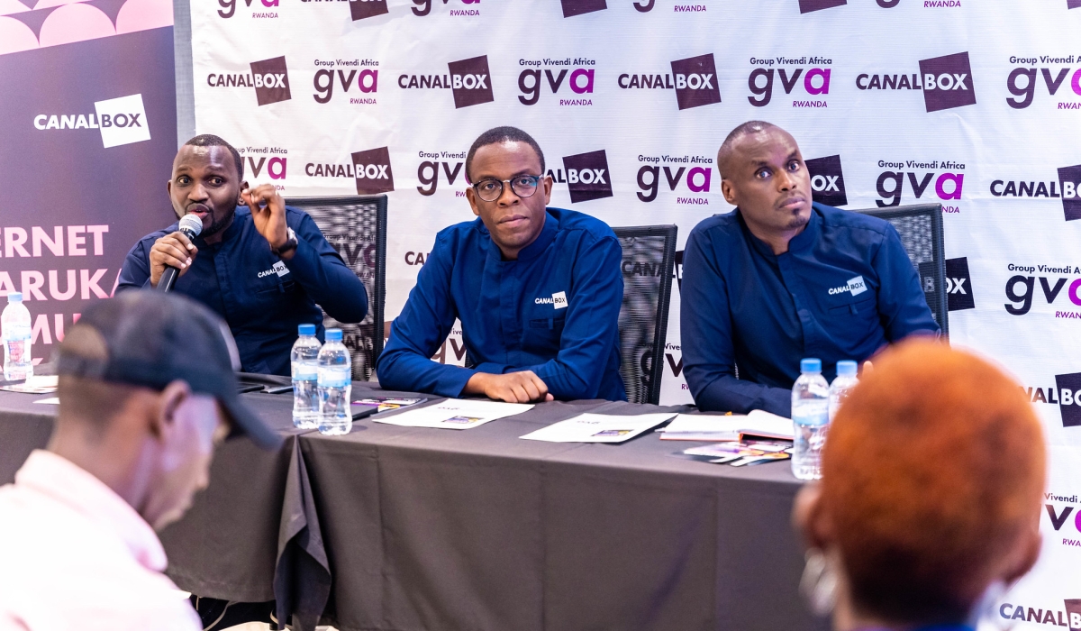 Yves Gashema, Commercial Director of GVA Rwanda, Aime Abizera, CEO of GVA Rwanda (C), and David Serugero, Customer Experience. CEO Abizera explained the rationale behind launching the promotional campaign at this time during a press conference held on March 14. Photos by Craish Bahizi