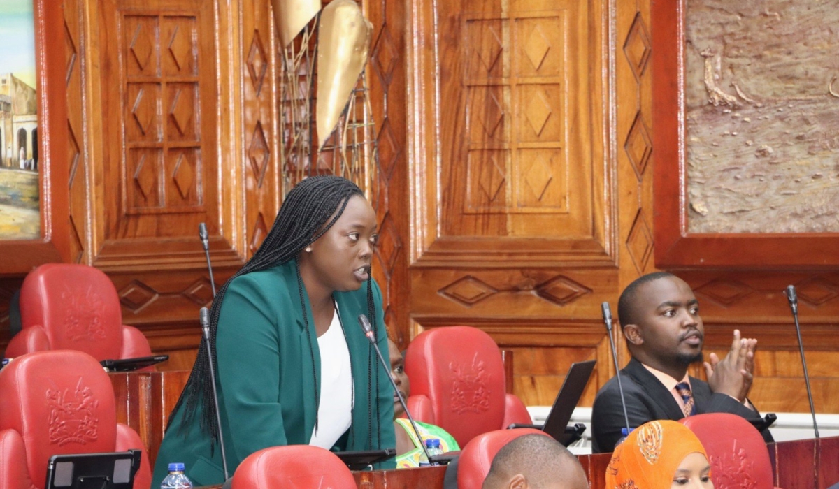 MP Alodie Iradukunda (standing) moves the motion for the recognition of EALA Youth Caucus as a forum for members of the assembly to promote the full participation of youth in programmes and activities of the East African Community, on March 13, 2024, in Nairobi, Kenya (courtesy).
