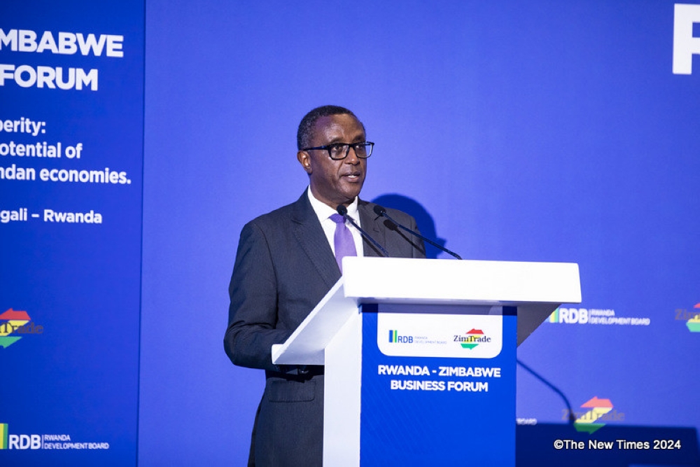 Minister of Foreign Affairs and International Cooperation Dr Vincent Biruta addresses delegates during the third edition of the Rwanda-Zimbabwe Business Forum which started in Kigali on Monday March 18. Photo by Emmanuel Dushimimana