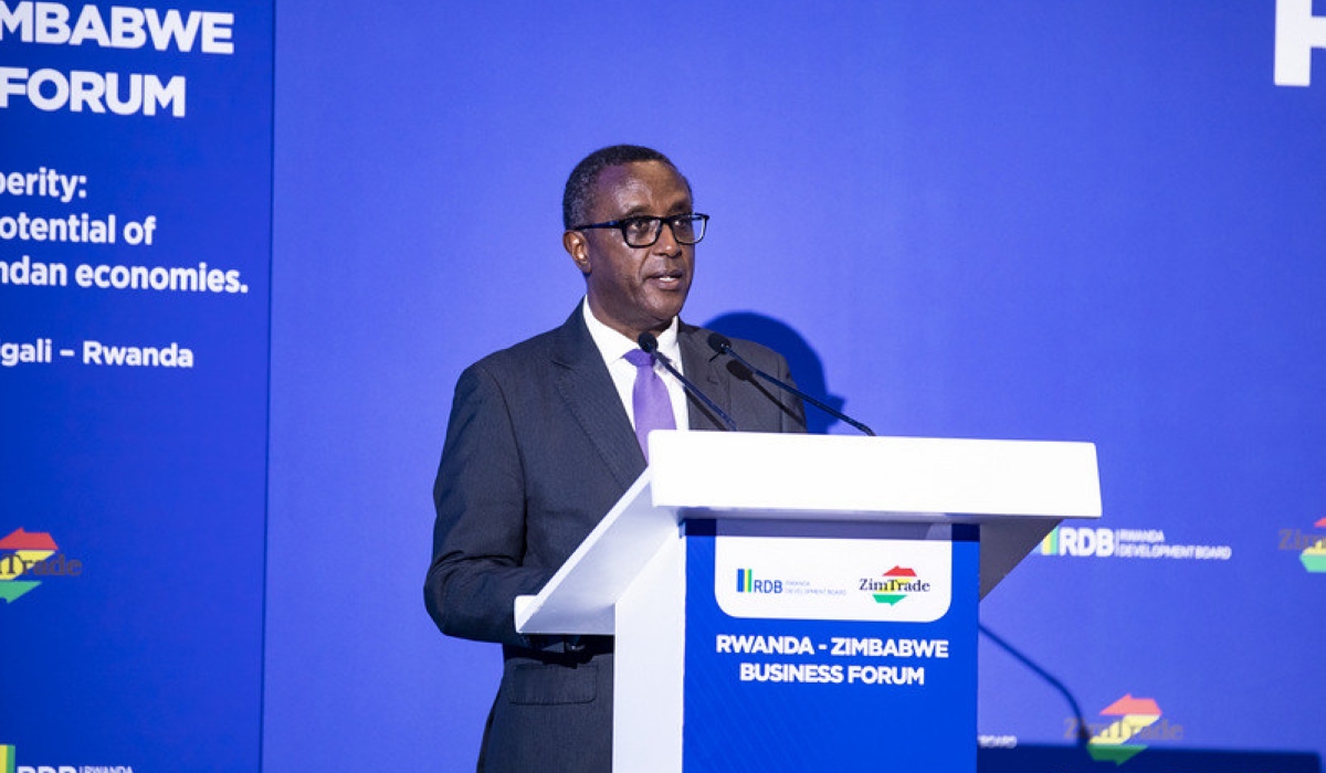 Minister of Foreign Affairs and International Cooperation Dr Vincent Biruta addresses delegates during the third edition of the Rwanda-Zimbabwe Business Forum which started in Kigali on Monday March 18. Photo by Emmanuel Dushimimana