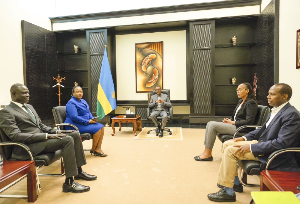 President Paul Kagame meets with NBA Africa CEO Clare Akamanzi and Basketball Africa League (BAL) President Amadou Gallo Fall in Kigali  on Wednesday, March 20. Photo by Village Urugwiro