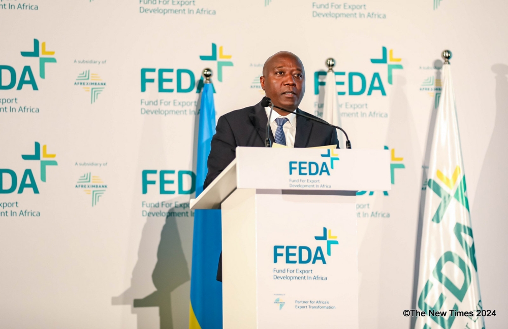 Prime Minister Edouard Ngirente delivers remarks during the official launch of the Fund for Export Development in Africa (FEDA) office in Kigali  on Wednesday, March 20. Photos by Dan Gatsinzi